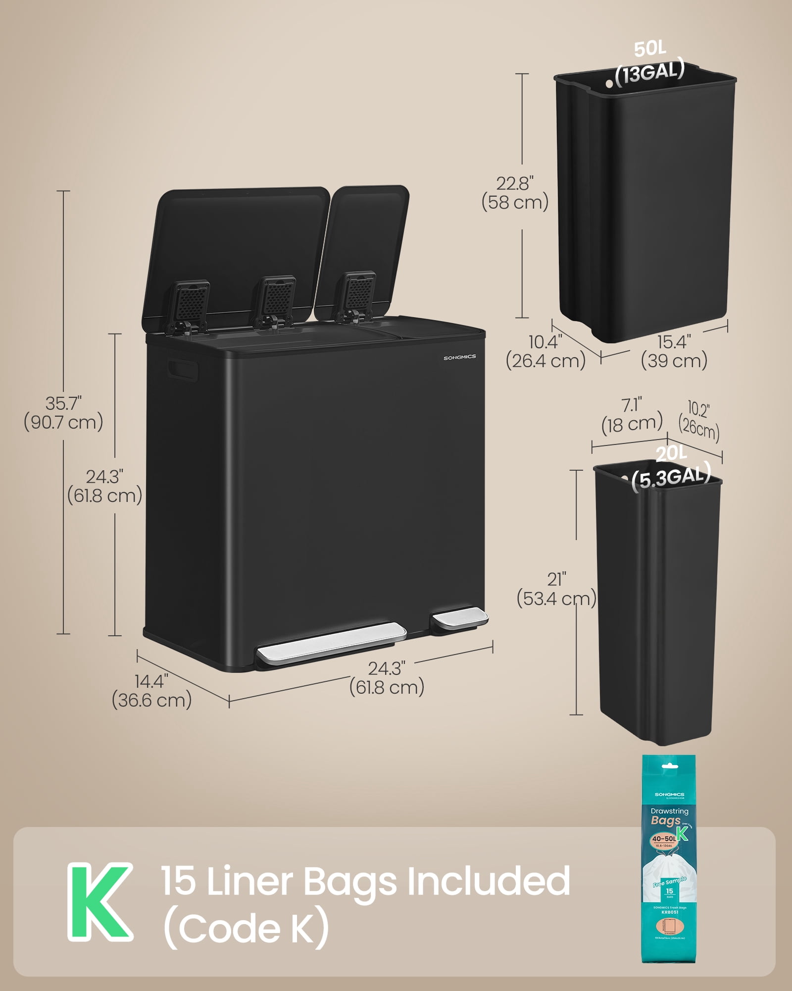 SONGMICS Kitchen Dual Trash Can, 13 + 5.3 Gallon 2-Compartment Trash Bin,Stainless Steel Garbage Can, Pedals, Soft-Close Lids, Inner Buckets, Black
