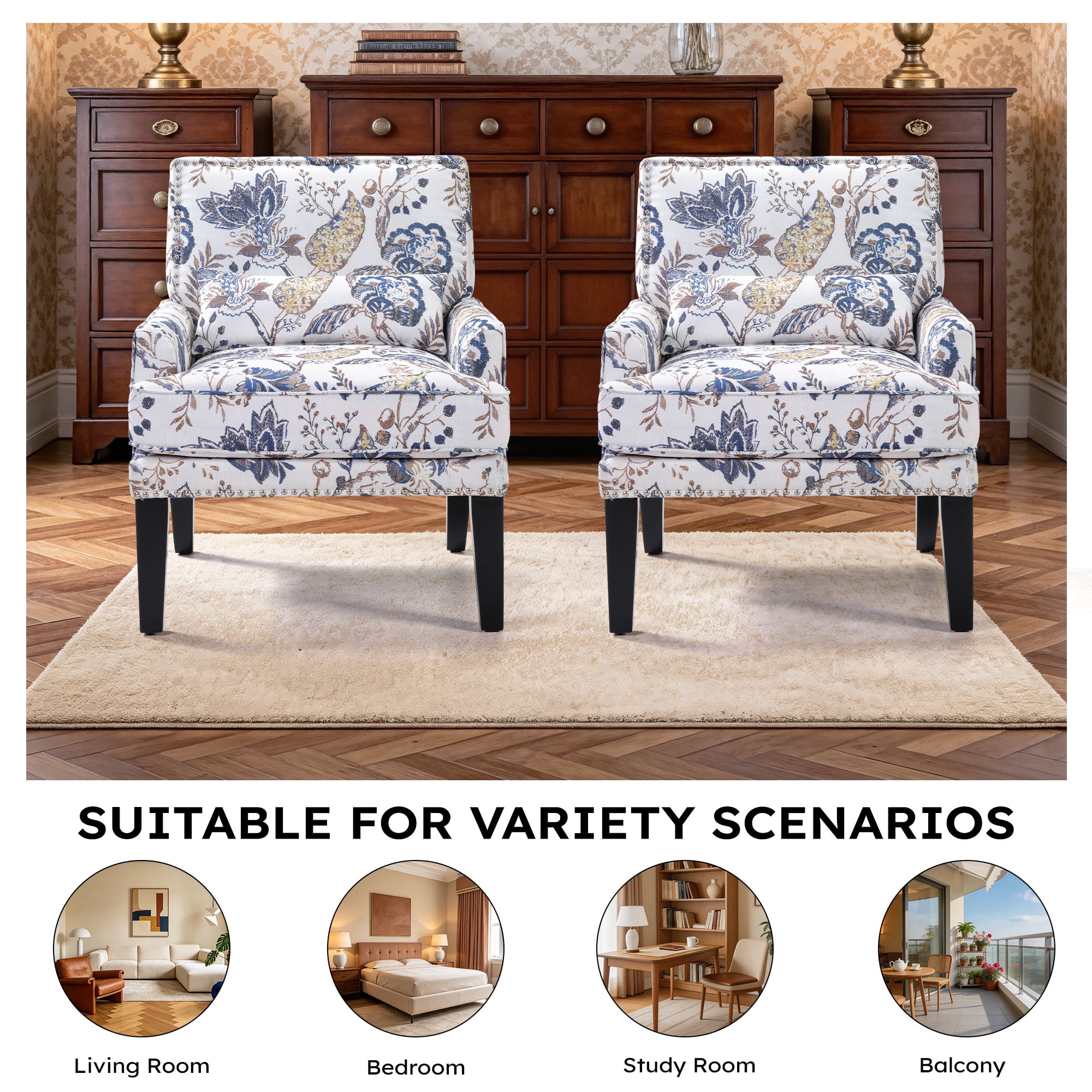 Bonzy Home Modern Floral Print Accent Chair with Arms and Wooden Legs, 2-Pack Mid‑Century High‑Back Wing Chair with Padded Armrests & Cushioned Seat for Living Room, Blue Yellow Floral