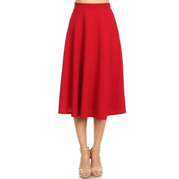Moa Collection Women's Casual High Waist A-Line Midi Skirt with Elastic Waistband