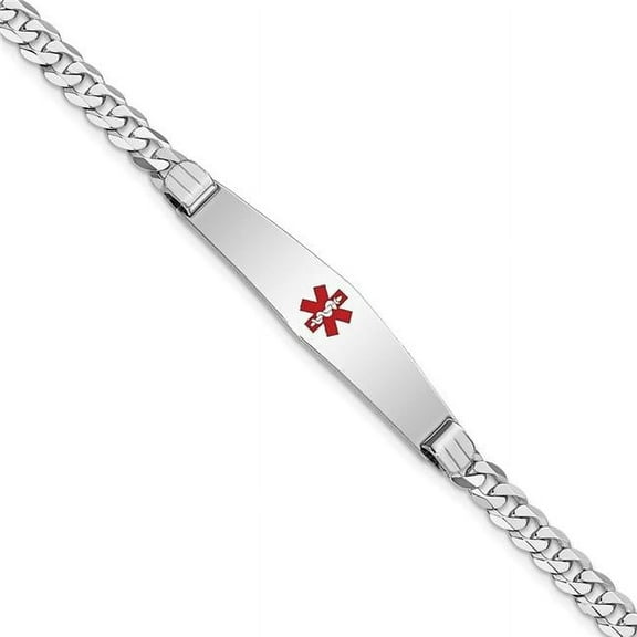 Primal Gold 14 Karat White Gold Medical Soft Diamond Shape Red Enamel Flat Curb Link ID Bracelet