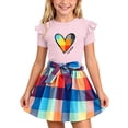 thumbnail image 2 of SGFCWSX Girls 2 Piece Outfits Ruffle Short Sleeve Heart Print Tops Belted Plaid Skirt Summer Casual Clothes Set Pink Size 3T, 2 of 8