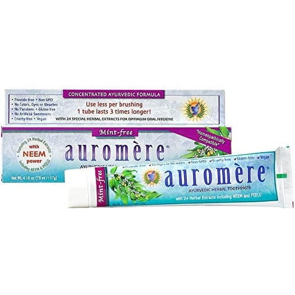 Auromere Ayurvedic Herbal Toothpaste, Mint Free - Vegan, Natural, Non GMO, Fluoride Free, Gluten Free, with Neem & Peelu (4.16 oz), 1 Pack