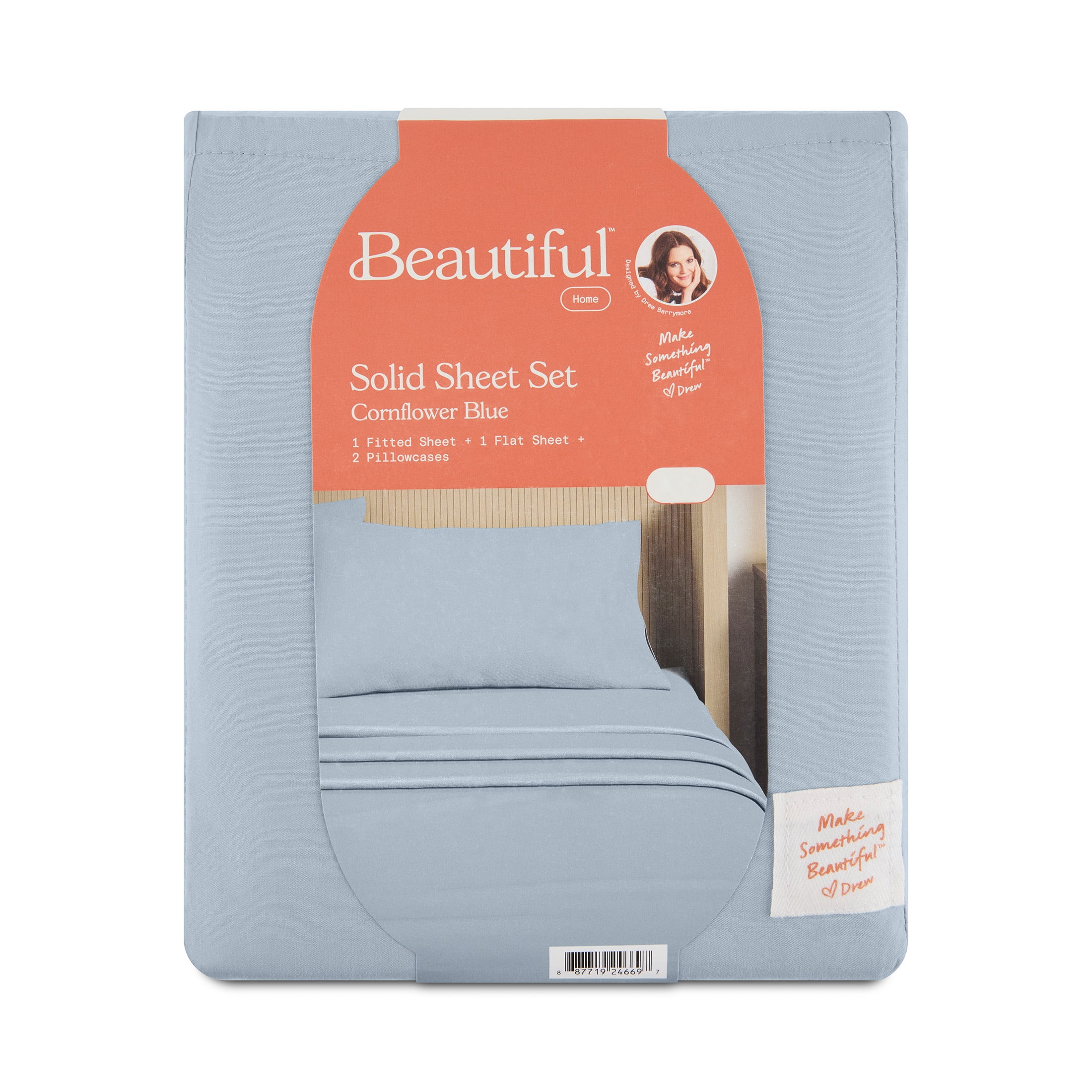 Beautiful Solid 4-Piece 100% Cotton Washed Percale Cornflower Blue Sheet Set, Queen by Drew Barrymore