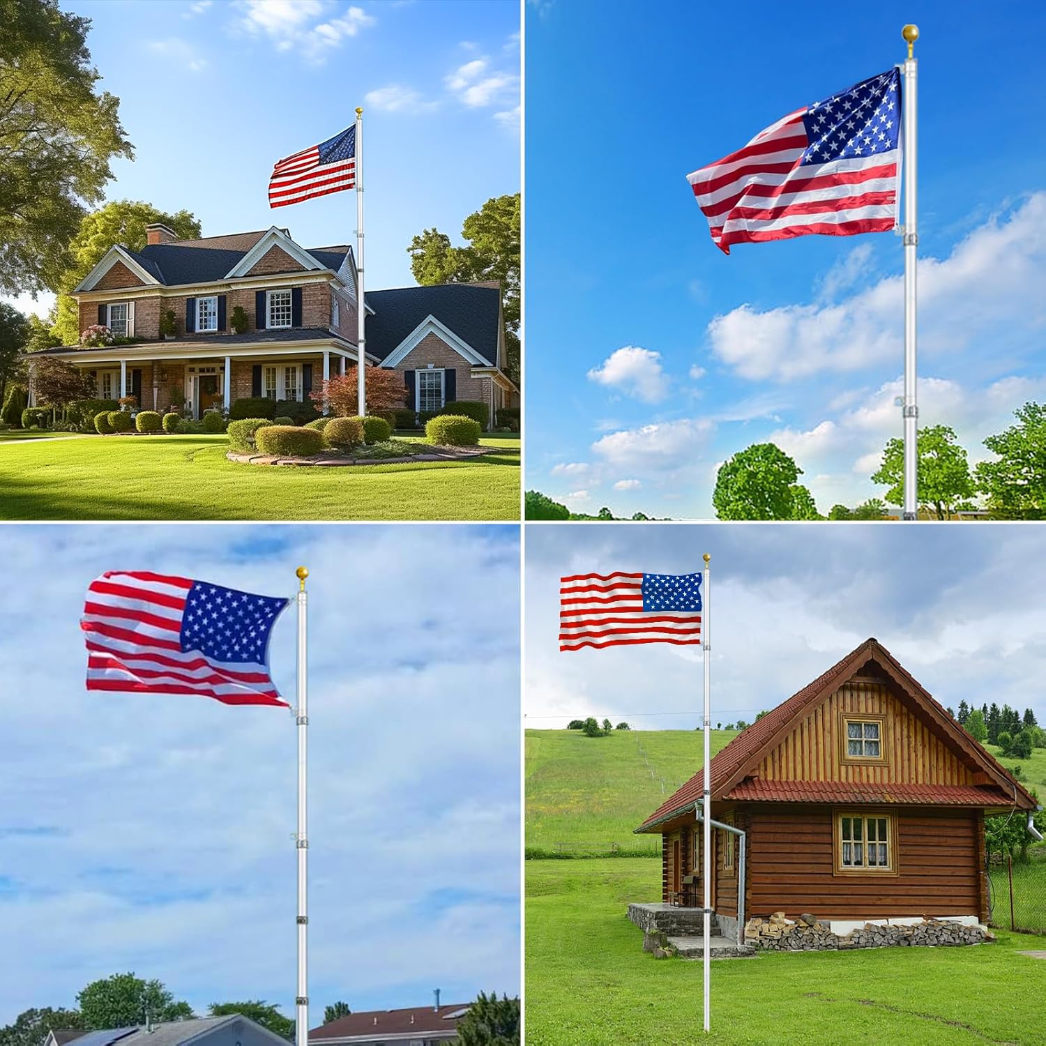 Jane Stone20FT Telescopic Flag Pole Kit for Outdoor in Grond, Extra Thick Silver Telescoping Flagpole with 3X5FT US Flag Golden Ball Finial for Residential or Commercial with Dual Flag Fly