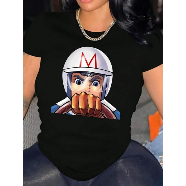 Camiseta De Mujer Verano Ropa Informal Suelta Camiseta Básica De Moda Para La Calle DiariaWomen's Casual Graphic Tee - Short Sleeve, Black with Vibrant Racing Character Print, Lightweight Polyester,