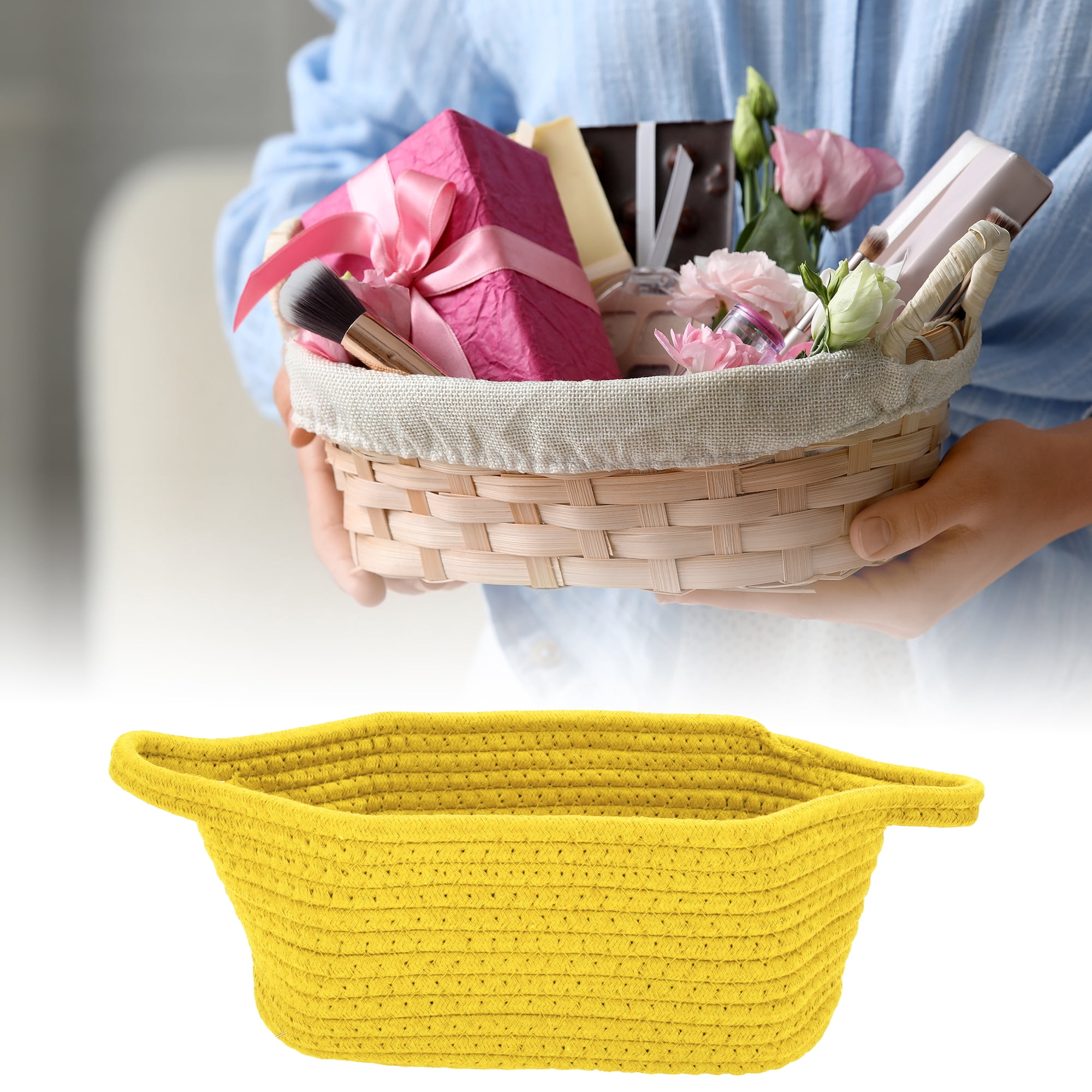 Unique Bargains Woven Empty Gift Decorative Basket with Gift Bag and Ribbon Yellow