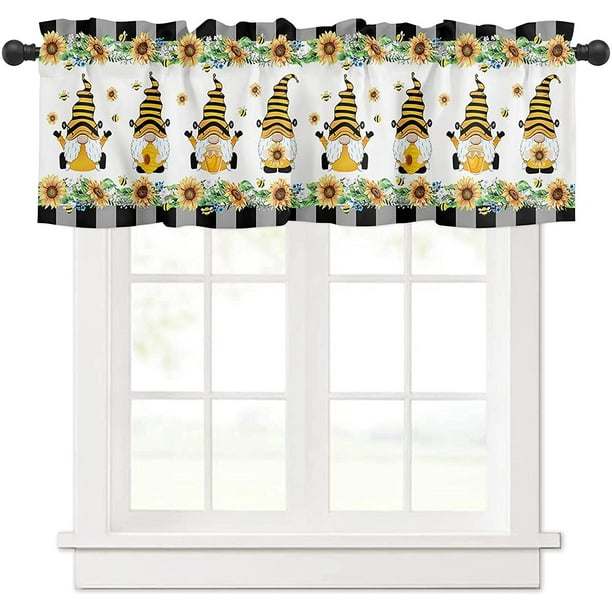 Window Valance Rod Pocket Short Curtain Panels Farm Bee Gnomes with Honey Sunflower Kitchen Valances Curtains, Country Floral Lace Buffalo Plaid Edge ...