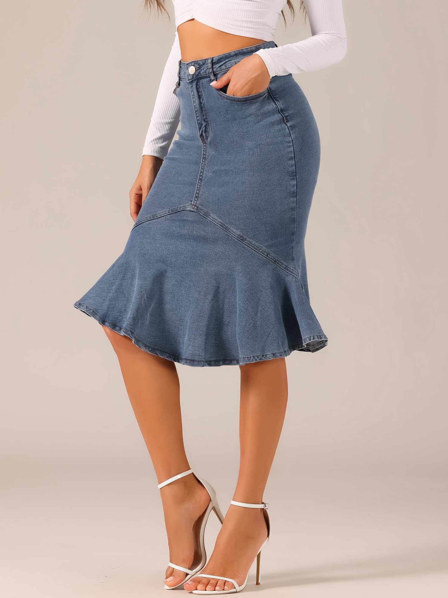 DARING DIVA Women's Denim Jean Bodycon Ruffles Fishtail Skirts S Grey Blue