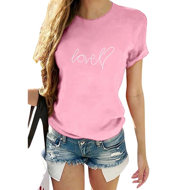 Avamo Ladies Tops LOVE Letter T-Shirt Short Sleeve Tee Boho Shirt Holiday Tunic Blouse Pink S