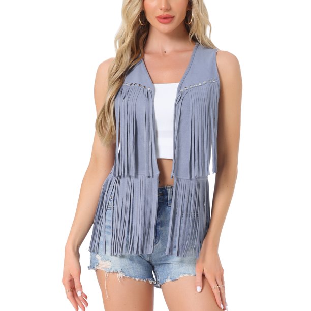 INSPIRAR CHIC Chaleco de Mujer con Flecos, Abierto, Estilo Occidental, Vintage, de Ante Sintético con Borlas, Azul L