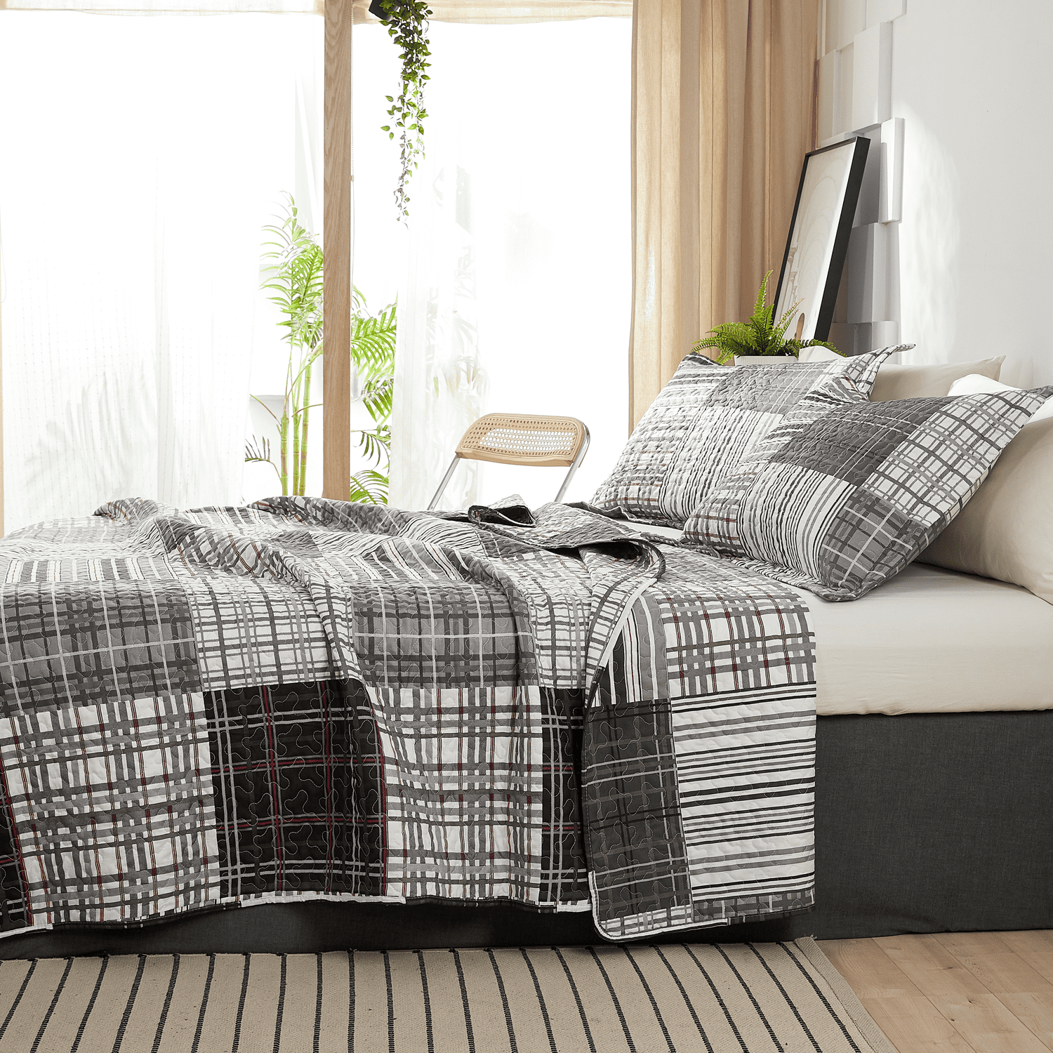 Green Essen 3 Pieces Solid Color Quilt Set Queen Size,Soft Microfiber Bedding Sets Lightweight Bedspread Reversible Coverlet Bed Cover(grid)