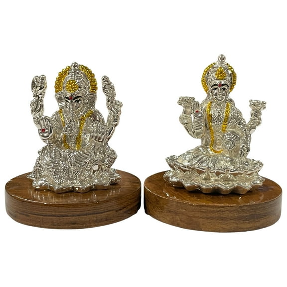 999 Pure Silver Ganesh & Lakshmi / Laxmi Idol / Statue / Murti (Figurine #38)