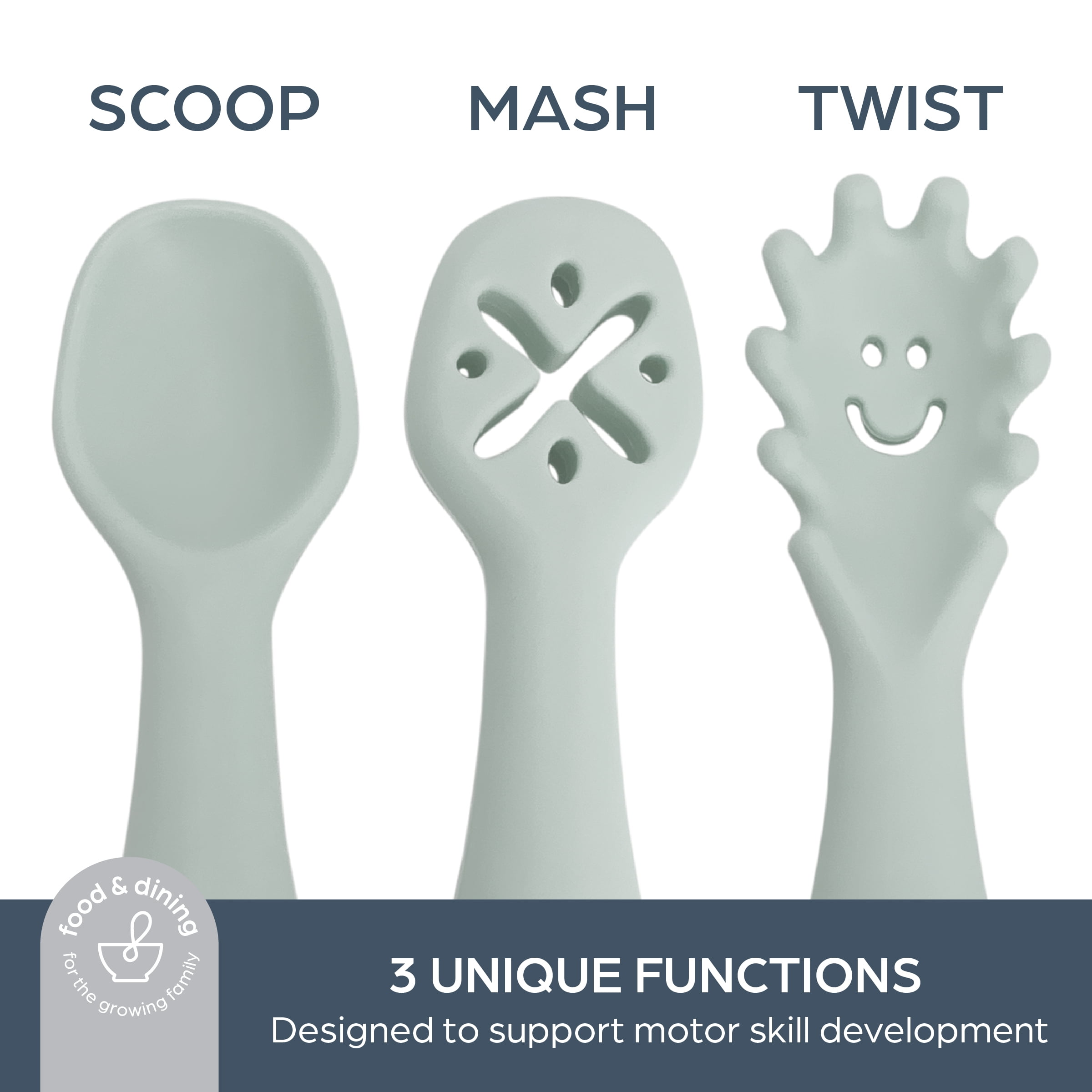 Dreambaby Scoop Mash and Twist Silicone Baby Spoon Set - 3 Stage Toddler Utensils for Baby Led Weaning - Soft Chew Training Spoons