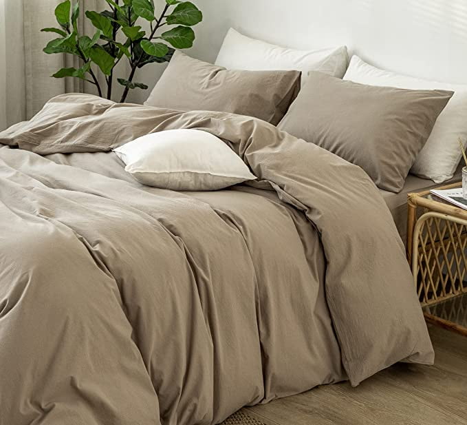 MooMee Bedding Duvet Cover Set 100% Washed Cotton Linen Like Textured Breathable Durable Soft Comfy (Comforter Not Included) Mocha Brown, King