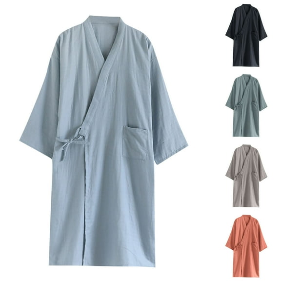 Fancifize Mens V Neck Robe Lightweight Cotton Bathrobe Long Sleeve Sleepwear Casual Loose Loungewear with Pocket