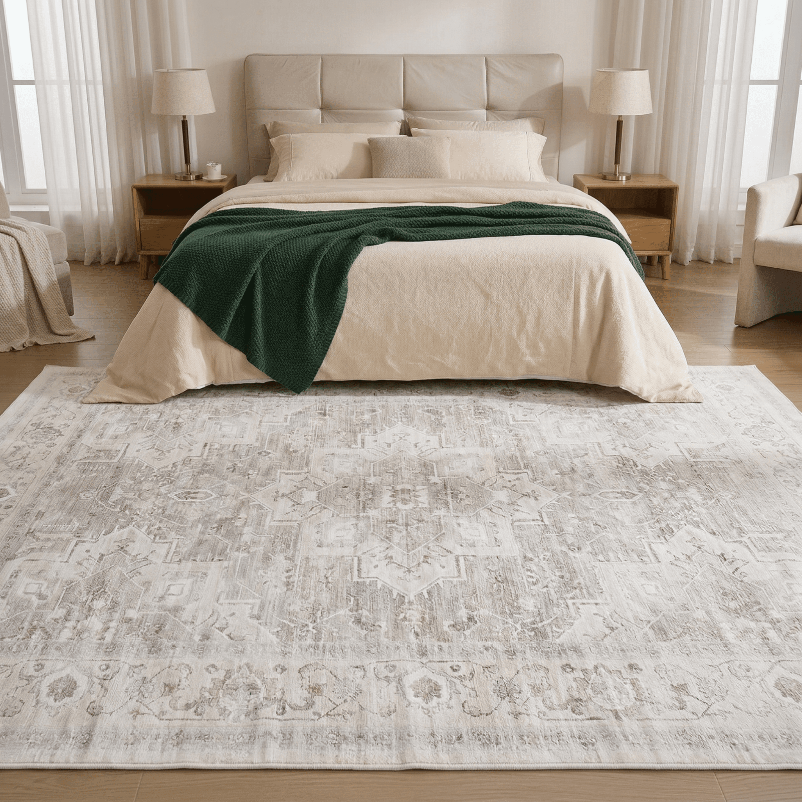 Kelno 8'x10'Area Rug Floor Mat Living Room Rug Washable Low Pile Indoor Carpet Vintage Non-slip Soft Rug,Beige