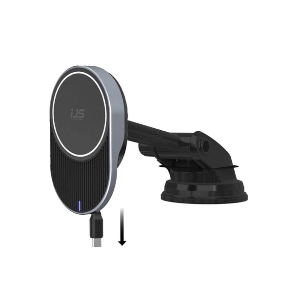IJS Magnetic Wireless Car Charger with Built-In Retractable Cord and Windshield Dash Phone Mount, 15W