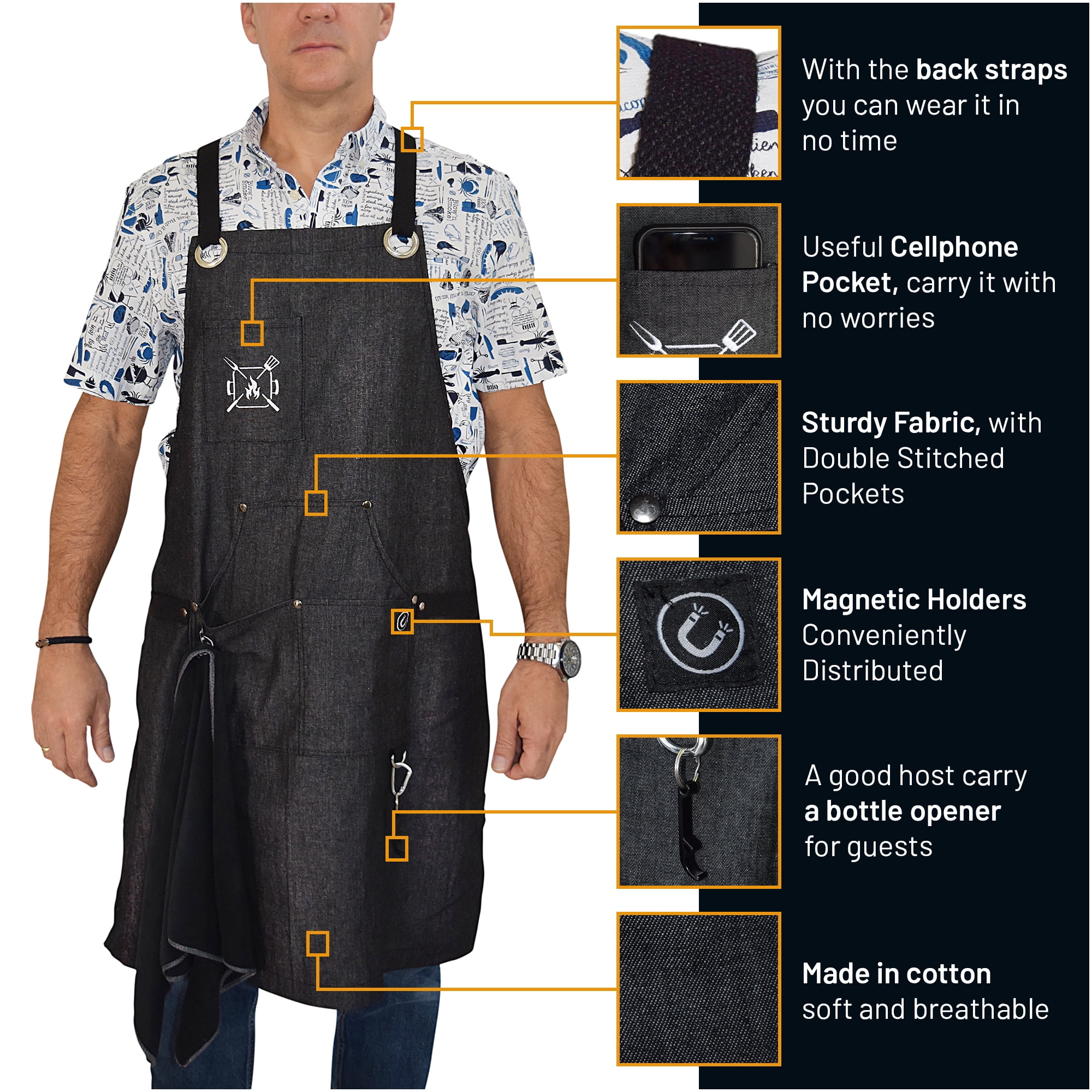 Kitchen Apron for Men | Professional Grade made for Cooking, BBQ, Grill, Chef | Quick-Release Buckle, with Magnetic BBQ Towel and Grill Tool Pockets and Holders. 10 oz. Cotton.