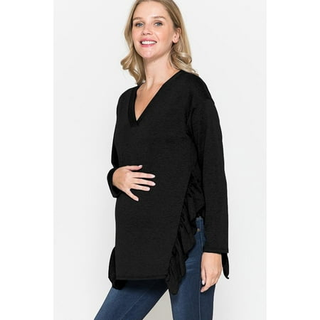 

Women Marternity V-Neck Solid Color Side Ruffle Long Sleeve Top