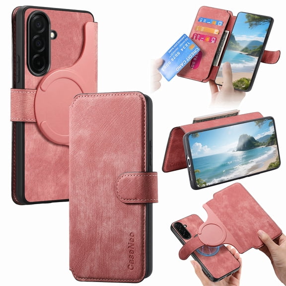 For Samsung Galaxy S25 FE Phone Cover Detachable Magnetic Front Case Hard PC Back Case Stand Feature Card Pocket & Credit Slot Shock-Absorbent Dustproof Wallet Phone Case for Men or Women, Pink