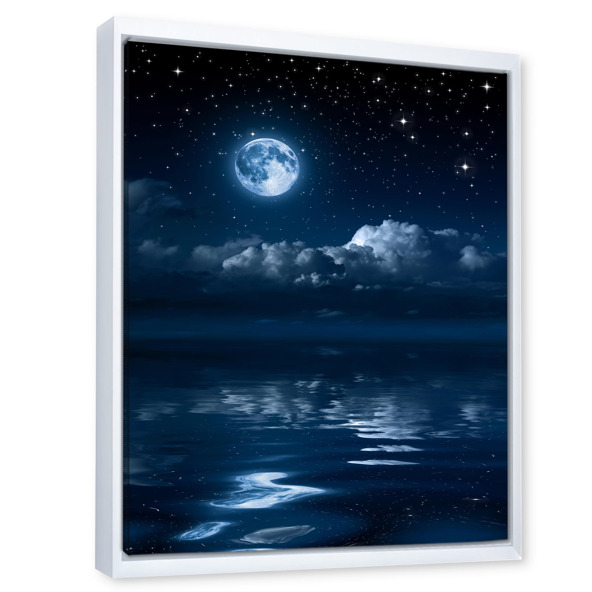 Designart 'Full Moon Night in Cloudy Sky I' Nautical & Coastal Framed Canvas Wall Art Print