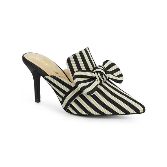 BLISSFUL STEP Women's Stiletto Heel Mules Pointed Toe Stripe Bow Slip-On Dress Shoes Black 6
