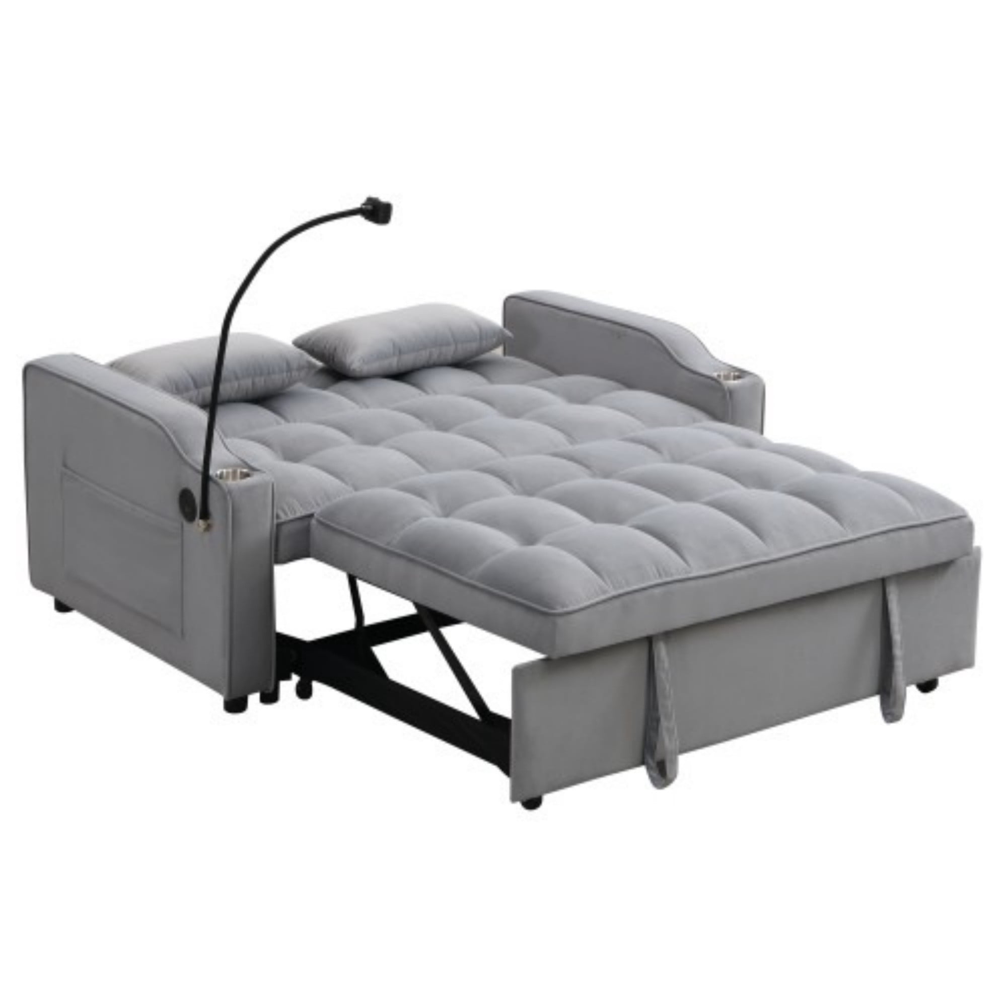 Velvet Loveseat Sofa Bed, 3-in-1 Convertible Sleeper Couch with USB Ports, Phone Holder & Pullout Bed, Light Gray