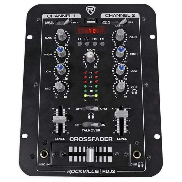 Mezclador de DJ Rockville de 2 canales con USB, monitor Cue, Talkover, 4 entradas de línea (RDJ2)