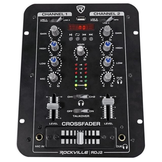 Mezclador de DJ Rockville de 2 canales con USB, monitor Cue, Talkover, 4 entradas de línea (RDJ2)
