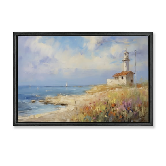 Stupell Industries Vintage Lighthouse View Landscape & Nature Painting Black Floater Framed Canvas Art Print Wall Art, 25 x 17