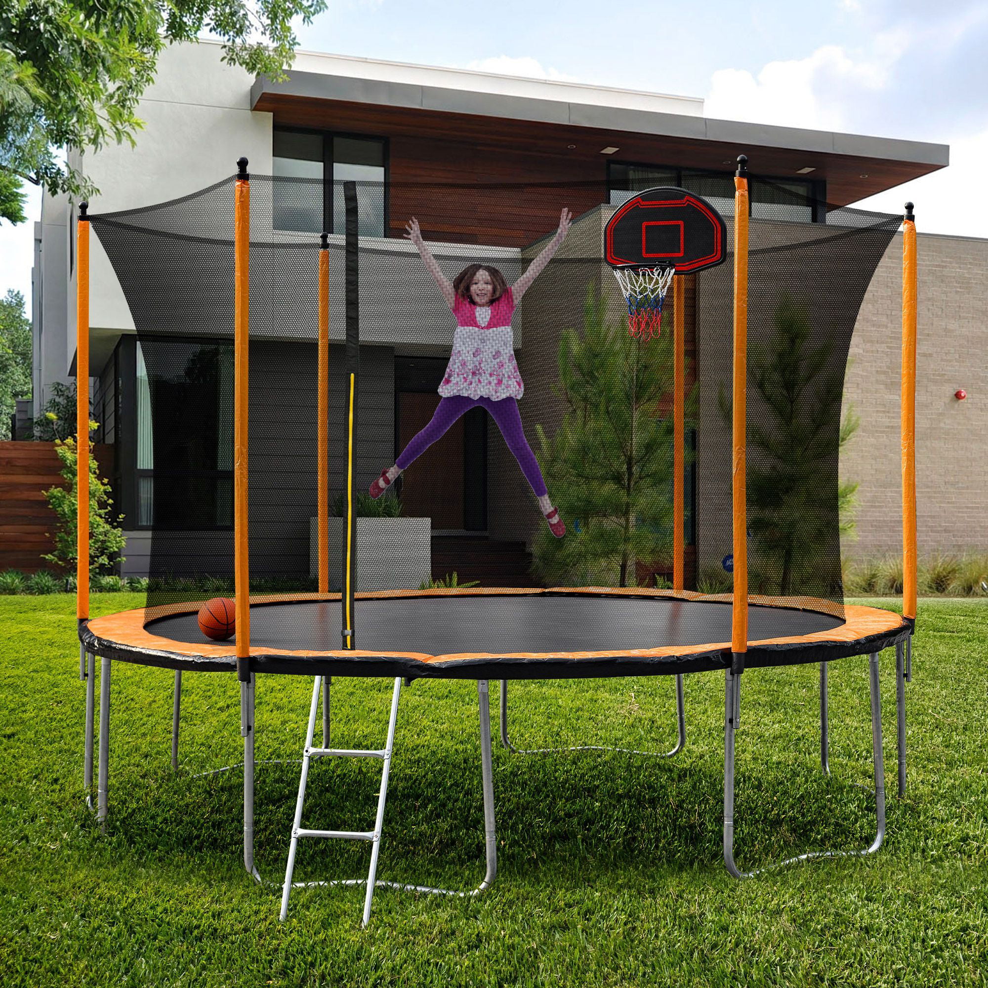 Fun Orange 12FT Round Black Backyard Trampoline with Safety Enclosure,  Waterproof Spring Cover Padding, and Enhanced Durability in the Trampolines  department at