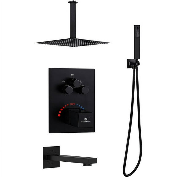 Grolta Matte Black Ceiling Mount 16 Inch Rainfall Shower Head 3 Way Thermostatic Shower Faucet w/ Tub Spout - Matte Black