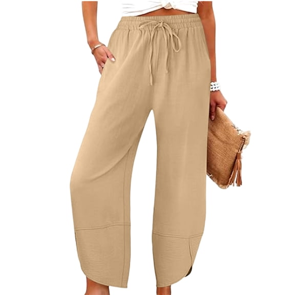 VEKDONE Women High Waisted Travel Pants, Elastic Waist Drawstring Tapered Leg Pants Tulip Hem Baggy Palazzo Lounge Pants with Pockets Khaki XL