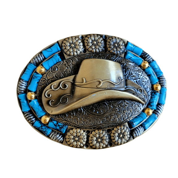 Antique Brass Cowboy Hat Buckle Western Turquoise Stone Belt Buckle