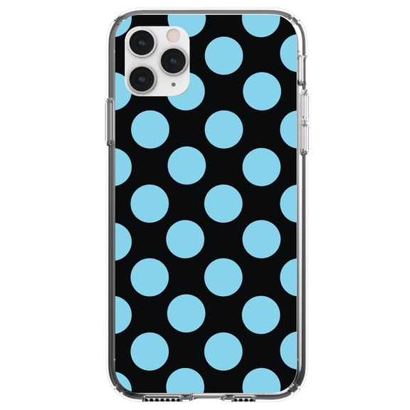 DistinctInk Clear Shockproof Hybrid Case for iPhone 11 Pro MAX (6.5" Screen) - TPU Bumper, Acrylic Back, Tempered Glass Screen Protector - Black Blue Polka Dots
