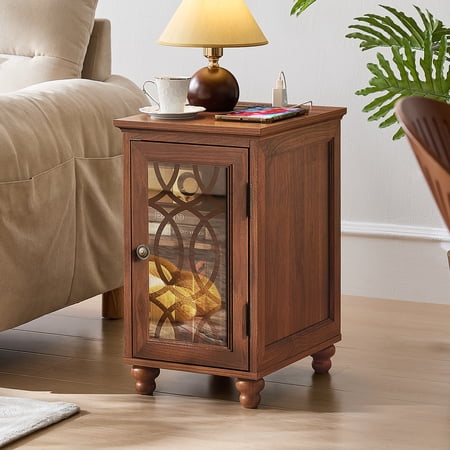 End Tables for Living Room with Charging Station Nightstand for Small Spaces Bedoom with Glass Door and Adjustable Shelf Brown