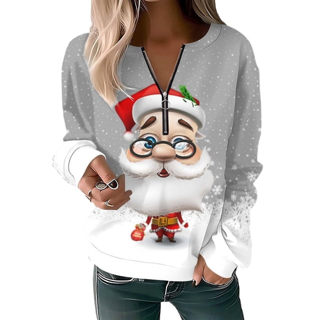 Innerwin Pullover Christmas Ladies Xmas Tops Work V Neck Casual Sweatshirt Light Grey M