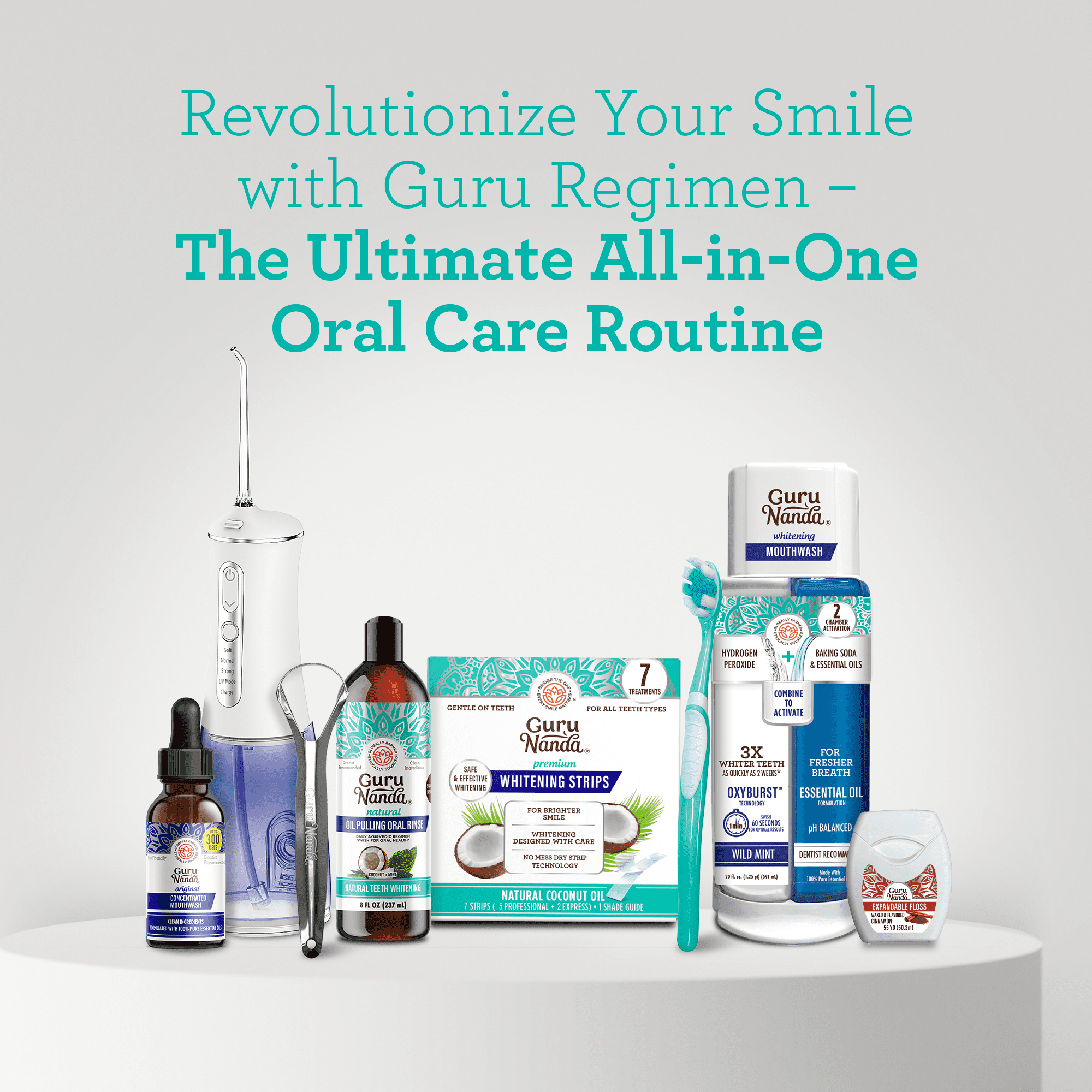 GuruNanda 7 Step Regimen 1.0 - Coconut Mint Oil Pulling, Mouthwash, Butter on Gums for Health Teeth & Gums