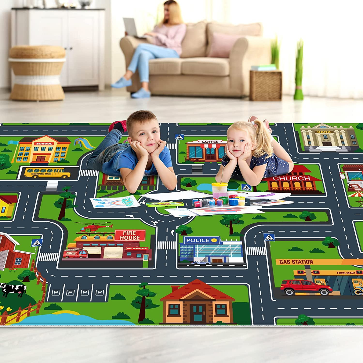 Kids Carpet Playmat, Rug for Playroom, Mat, Kids Play Rugs Town City Road Map Rug, Extra Large Boys, Track Play Rug Bedroom, Living Room, 78.7X 59 Inch