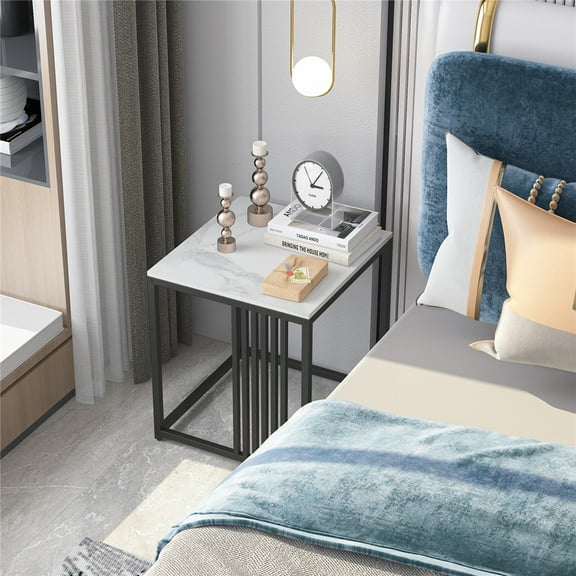 Wisfor Sintered Stone Side End Table Nightstand with Black Metal Frame for Living Room Bedroom,15.7x15.7x17.7inch