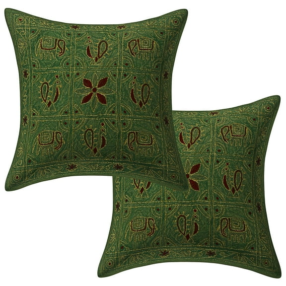Stylo Culture Indian Decorative Throw Pillow Covers 16 x 16 Ari Embroidered Floral Green Traditional 40cm x 40cm Bed Room Cotton Elephant Square Cushion Covers | Set Of 2