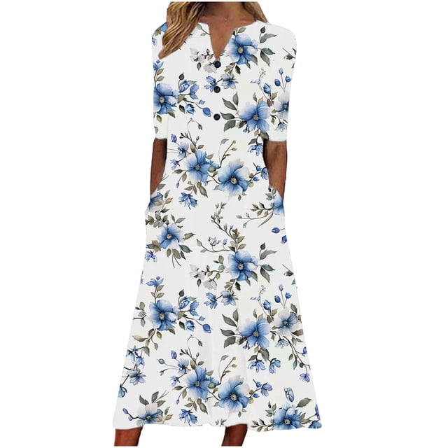 Robe Décontractée pour Femmes pour l'Été Imprimé Vintage Manches Courtes Robe T-Shirt Ample Midi de Plage avec Poches