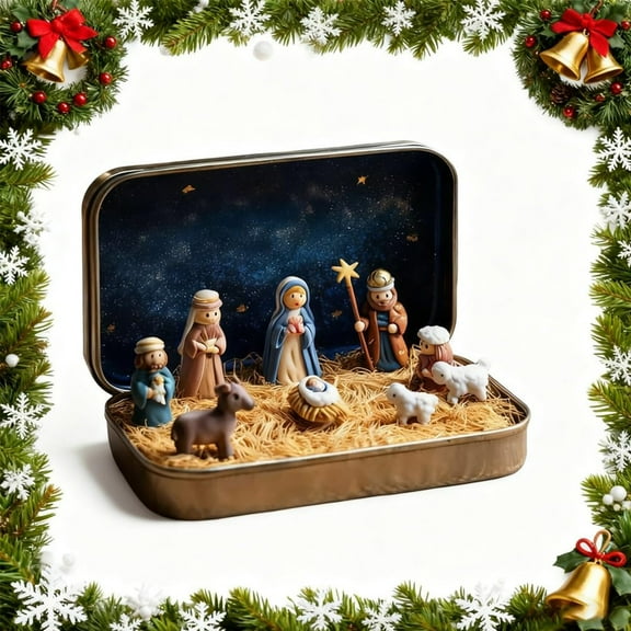 FYHALE Nativity Set Indoor Christmas Decoration - Mini Christmas Nativity Set in a Tin Box Ornament for Indoor, Christian Nativity Scene Figures, Christian Religious Nativity Sets & Figures