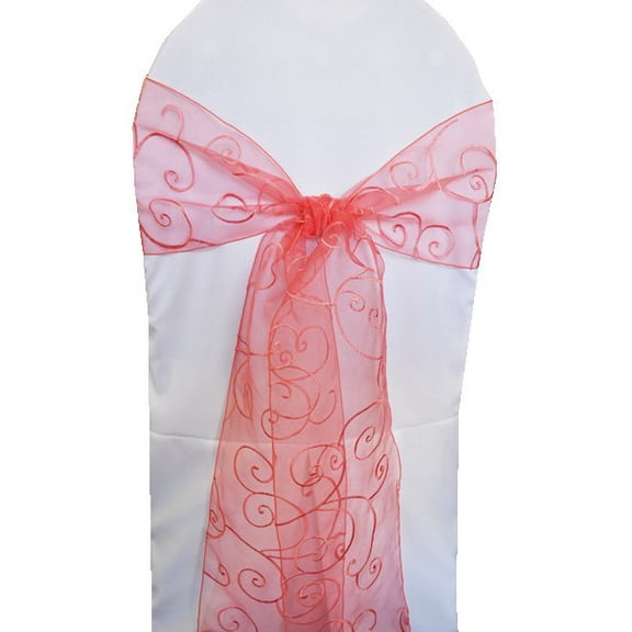 Wedding Linens Inc. (10pcs) 8'' x 108'' Embroidered Organza Sheer Chair Sashes Chair Bow Ties - Coral