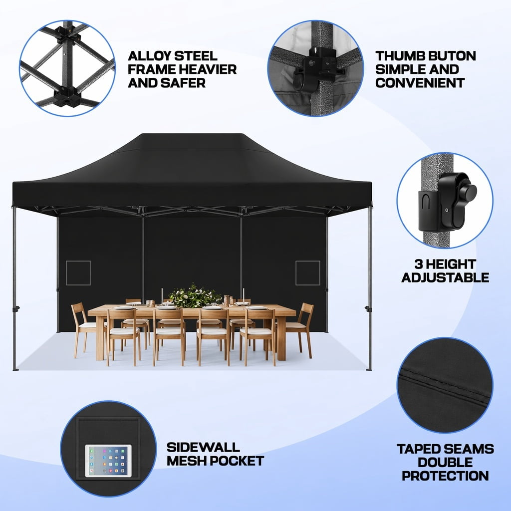 COBIZI 10x15FT Heavy Duty Pop Up Canopy Tent with 4 Sidewalls, Waterproof & Windproof, Easy Setup Outdoor Shelter for Weddings, Parties & BBQ, Includes Stakes, Sandbags, Ropes & Carry Bag, Black