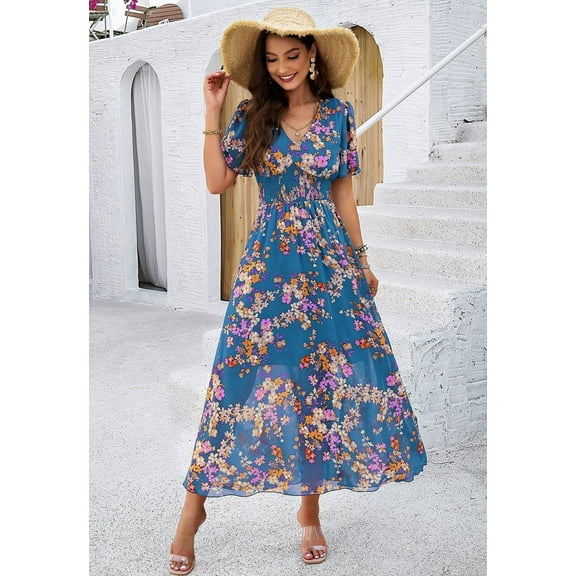 Women's Floral Maxi Dress Flowy V Neck Empire Waist Summer Wedding Guest Party Casual Chiffon Dress