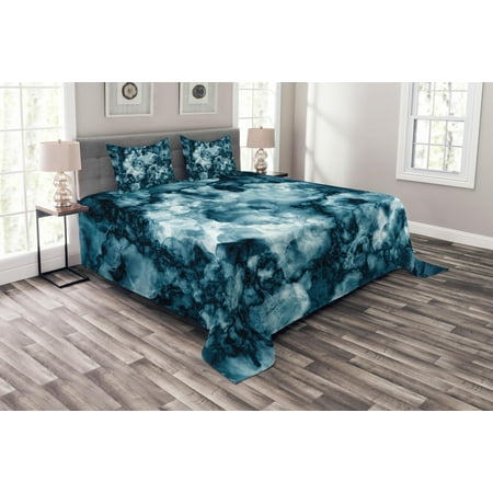 Antique Bedsteads Marble Bedspread Set, Antique Marble Stone with Blurry Distressed Motley Fractal Effects Illustration Artwork, Decorative Quilted Coverlet Set with Pillow Shams Included, Blue, by Ambesonne ()