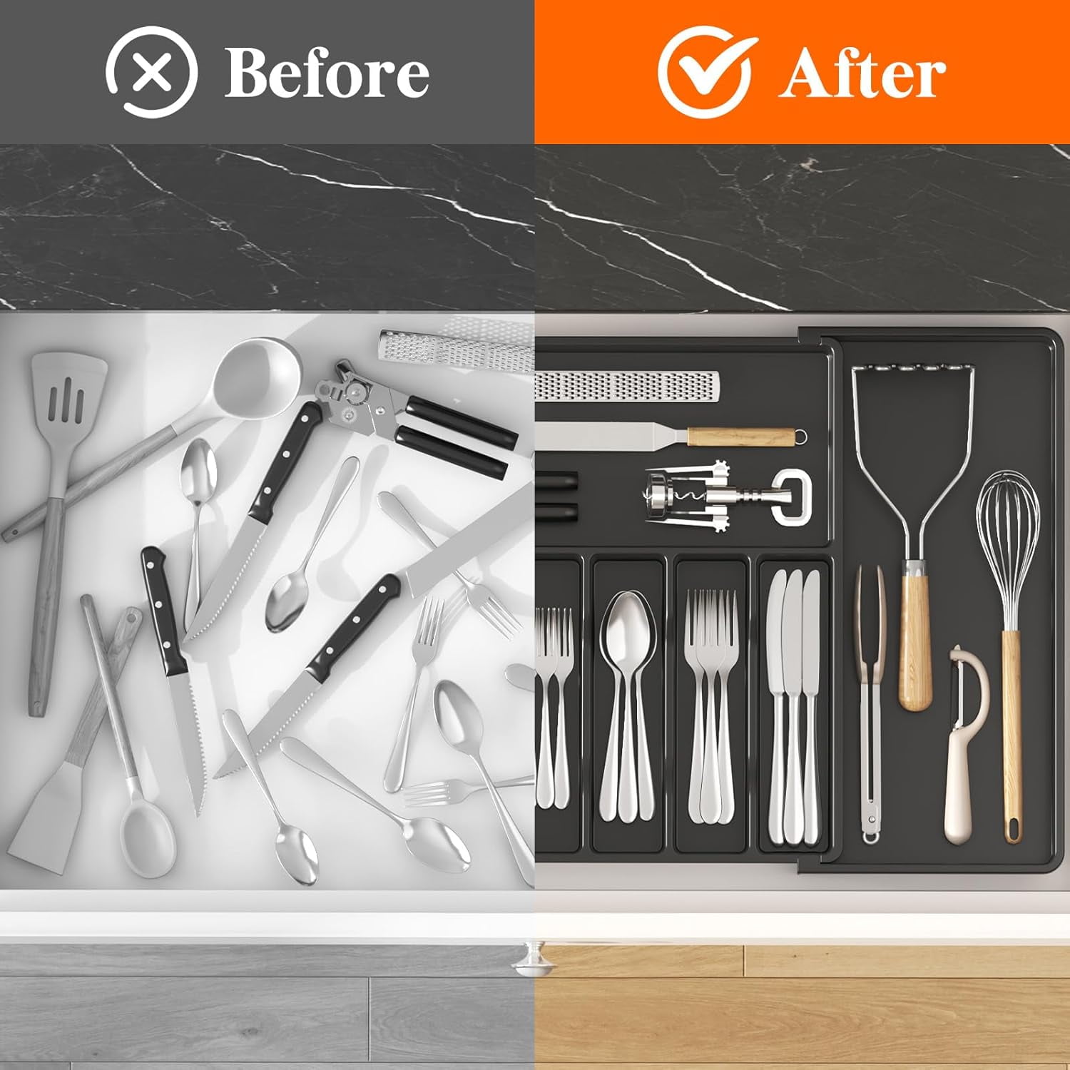 Silverware Drawer Organizer, Expandable Utensil Tray for Kitchen, BPA Free Flatware and Cutlery Holder, Adjustable Plastic Storage for Spoons Forks Knives, 8.5-14 x 12", Black