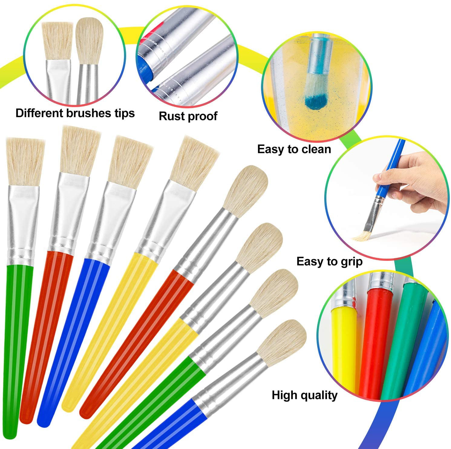 JCF Kids Paint Brushes with Plastic Handle and Hog Bristles 4 PCS Flat Tip Painting Brushes for children Multi Color Paint Brushes-7.4 Inch