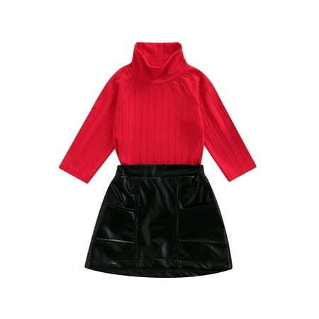 

Toddler Infant Fall Skirt Outfits Girls Casual Long Sleeve High Collar Pullover and Leather Skirt